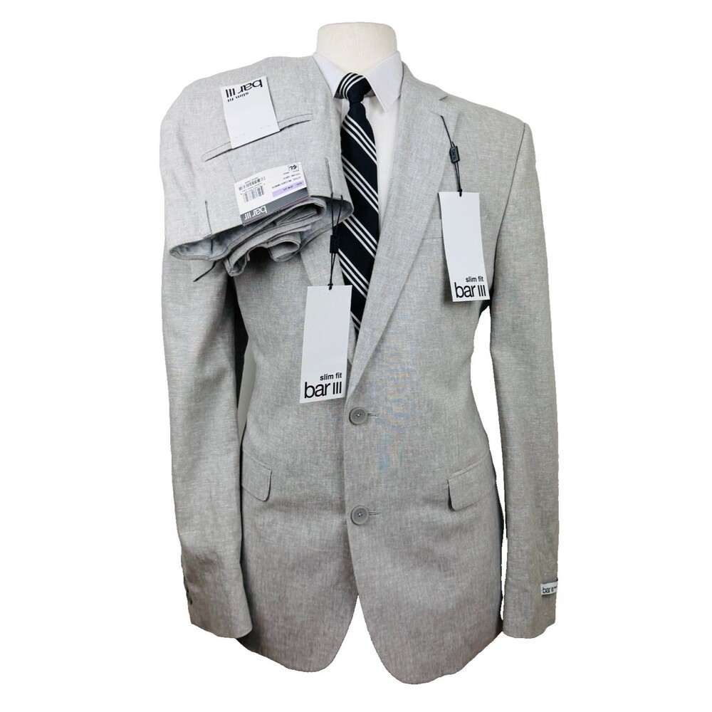 $625 NEW BAR III MENS 42R SOLID GRAY LINEN SLIM 2 PIECE SUIT W/DRESS PANTS 32X32